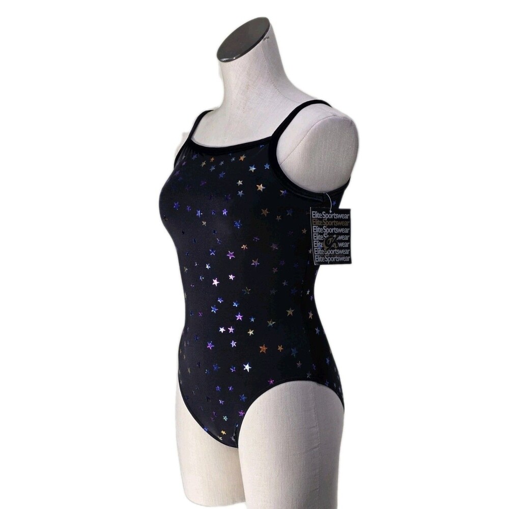 GK Elite VTG 90s Metallic Stars Holographic Dance Cami Leotard Black AM Adult M
